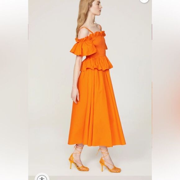 Toccin Orange Smocked Ruffle Peplum Off the Shoulder Midi Dress |L - Picture 1 of 12